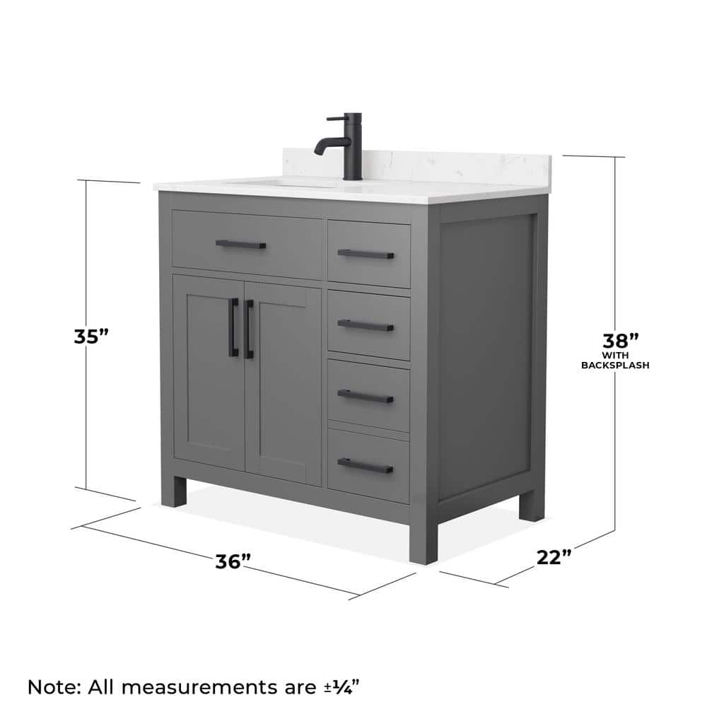 Wyndham Collection Beckett 36" Bathroom Vanity in Dark Gray with Carrara Marble Top - Image 6