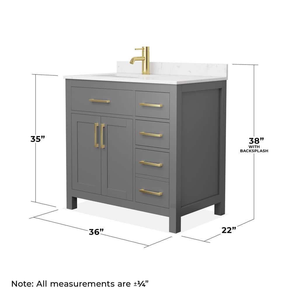 Wyndham Collection Beckett 36" Bathroom Vanity in Dark Gray with Carrara Marble Top - Image 5