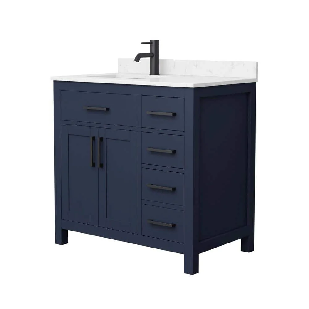 Wyndham Collection Beckett 36" Dark Blue Bathroom Vanity with Carrara Marble Top - Image 2