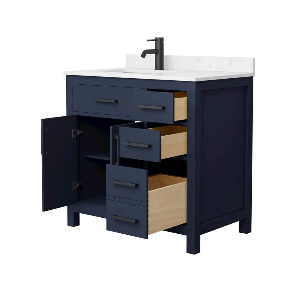 Wyndham Collection Beckett 36" Dark Blue Bathroom Vanity with Carrara Marble Top - Image 3