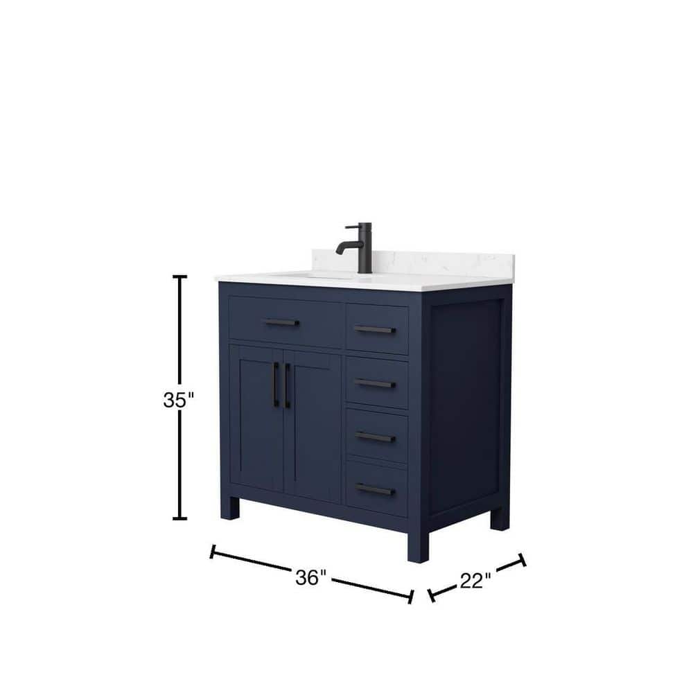 Wyndham Collection Beckett 36" Dark Blue Bathroom Vanity with Carrara Marble Top - Image 4
