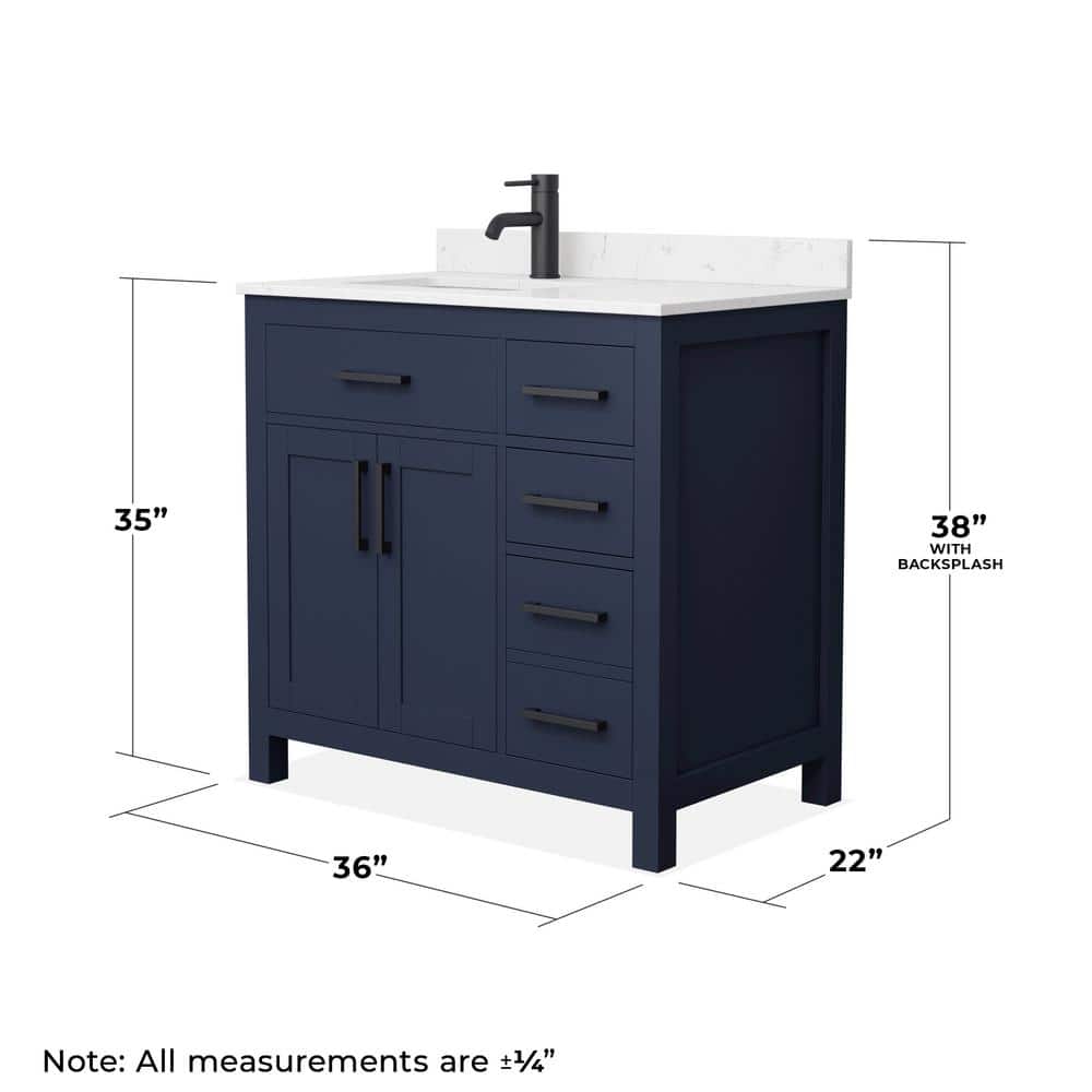 Wyndham Collection Beckett 36" Dark Blue Bathroom Vanity with Carrara Marble Top - Image 5