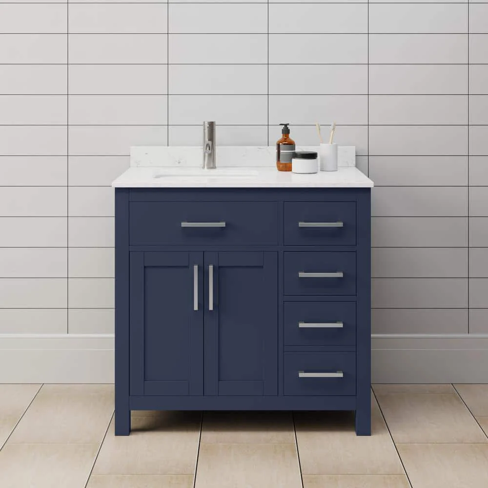 Wyndham Collection Beckett 36" Dark Blue Bathroom Vanity with Carrara Marble Top