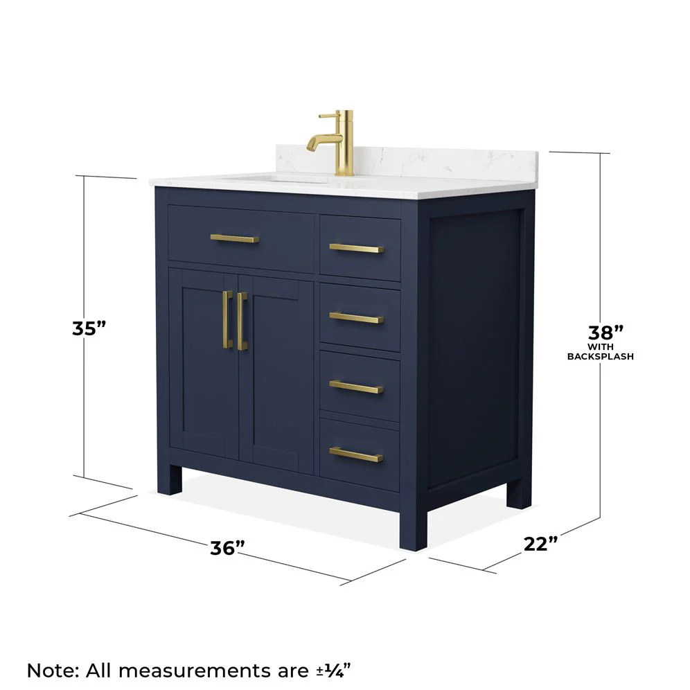 Wyndham Collection Beckett 36" Dark Blue Bathroom Vanity with Carrara Marble Top - Image 11