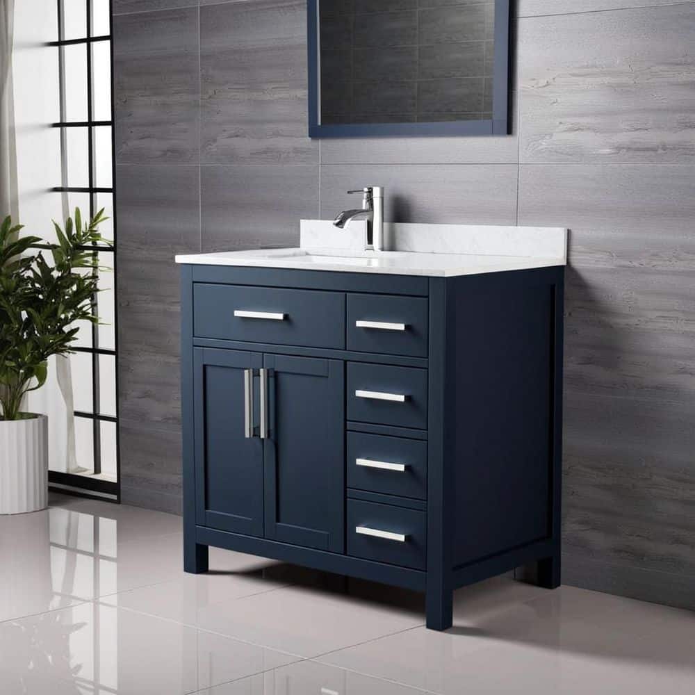 Wyndham Collection Beckett 36" Dark Blue Bathroom Vanity with Carrara Marble Top - Image 2