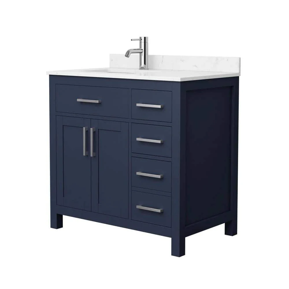 Wyndham Collection Beckett 36" Dark Blue Bathroom Vanity with Carrara Marble Top - Image 3