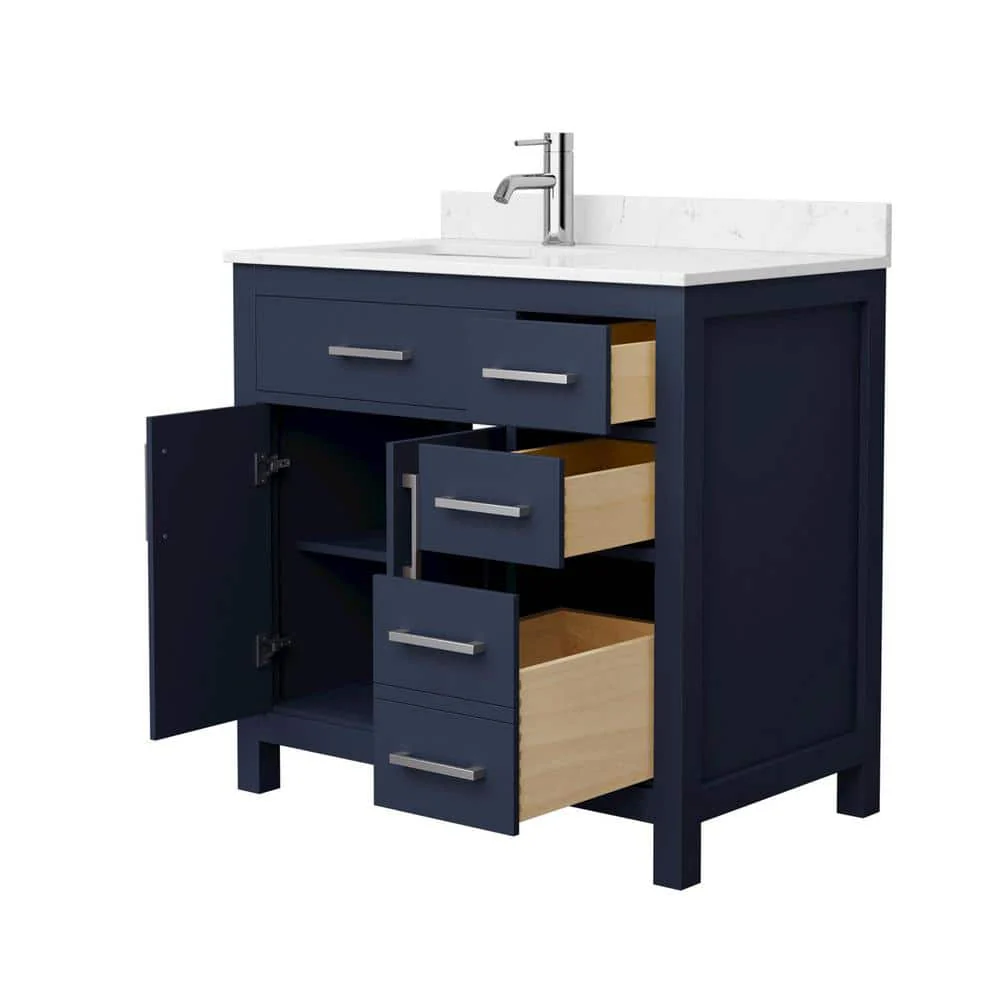 Wyndham Collection Beckett 36" Dark Blue Bathroom Vanity with Carrara Marble Top - Image 5
