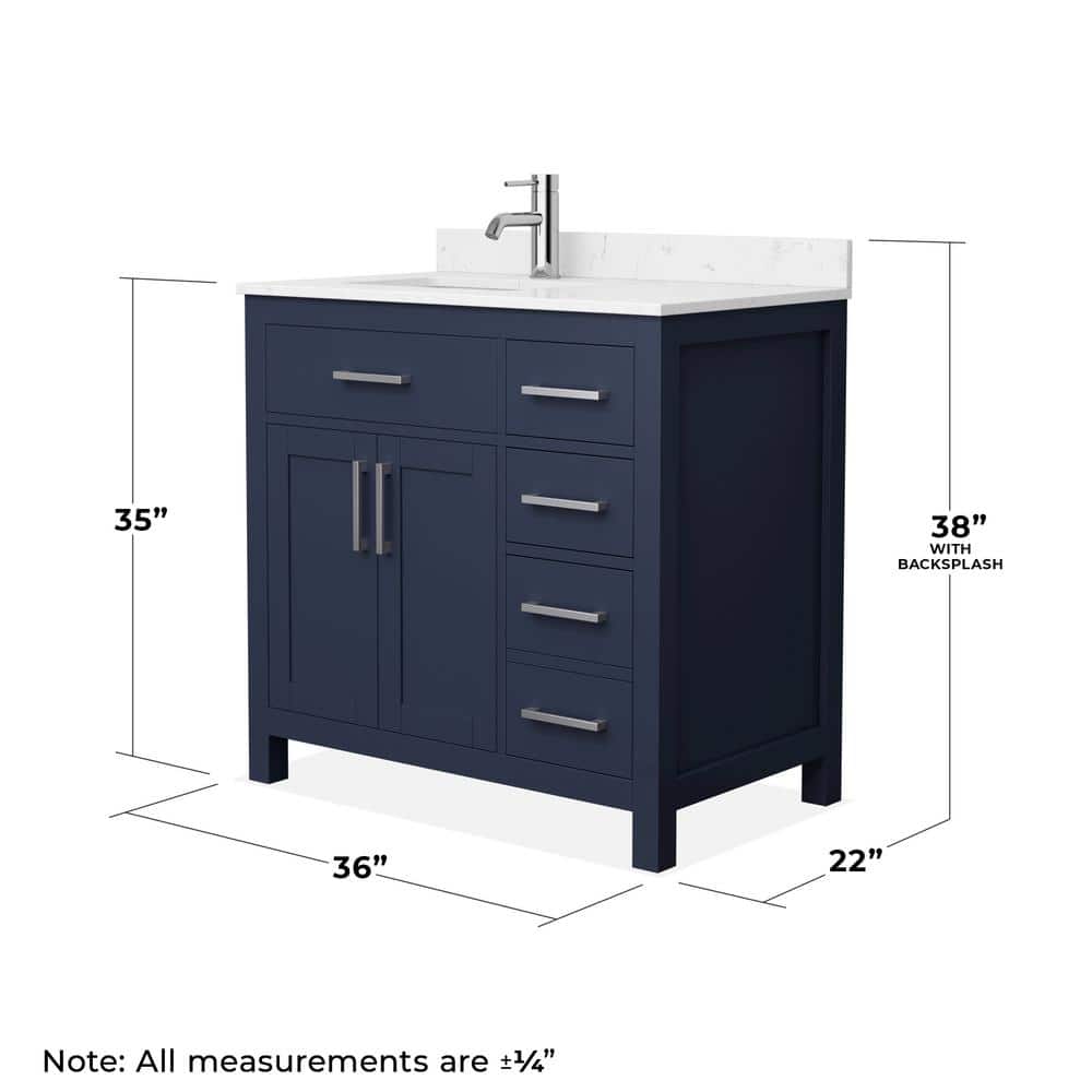 Wyndham Collection Beckett 36" Dark Blue Bathroom Vanity with Carrara Marble Top - Image 6