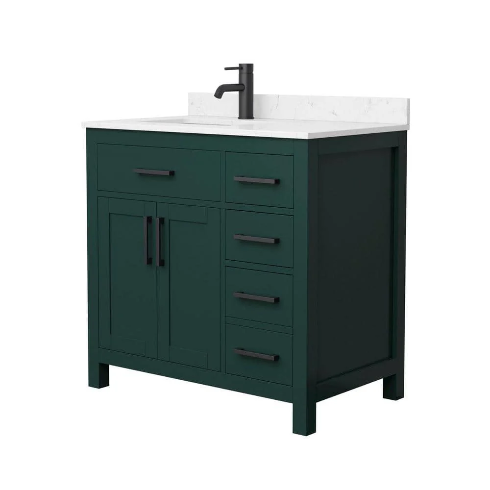 Wyndham Collection Beckett 36" Green Bathroom Vanity with Carrara Marble Top - Image 2
