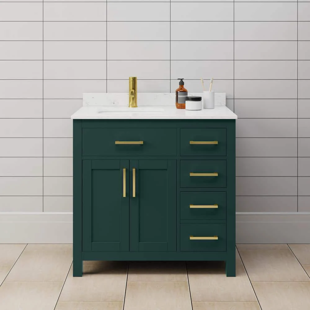 Wyndham Collection Beckett 36" Green Bathroom Vanity with Carrara Marble Top