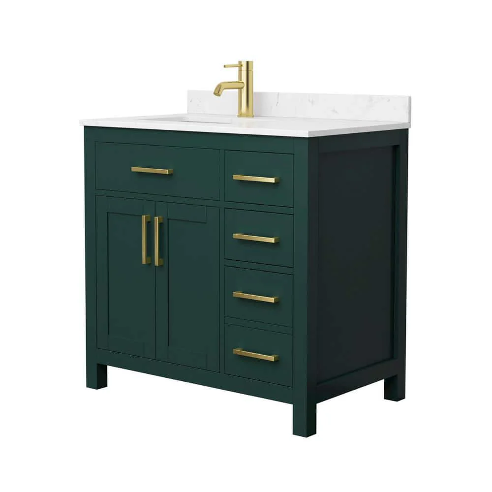 Wyndham Collection Beckett 36" Green Bathroom Vanity with Carrara Marble Top - Image 2