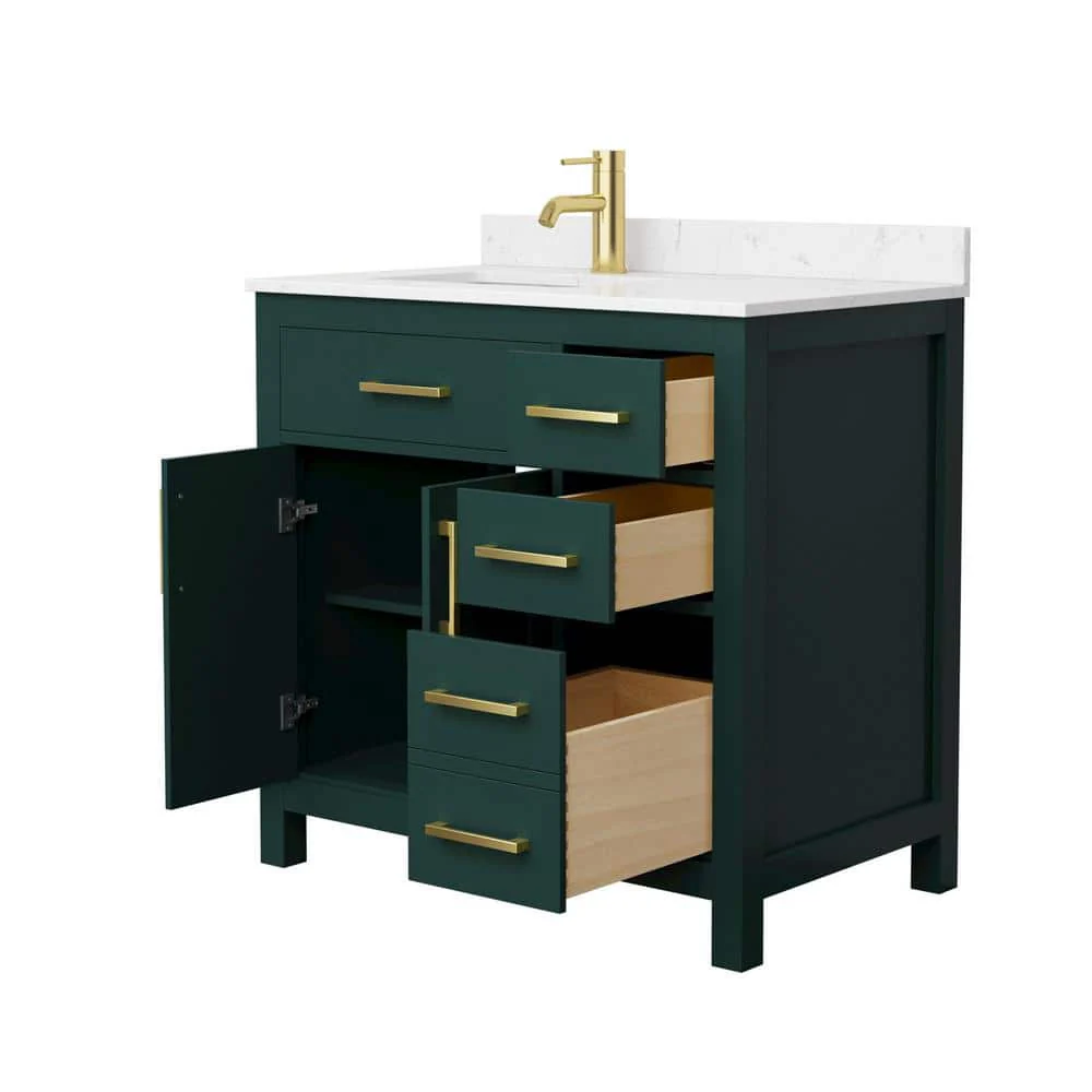Wyndham Collection Beckett 36" Green Bathroom Vanity with Carrara Marble Top - Image 5
