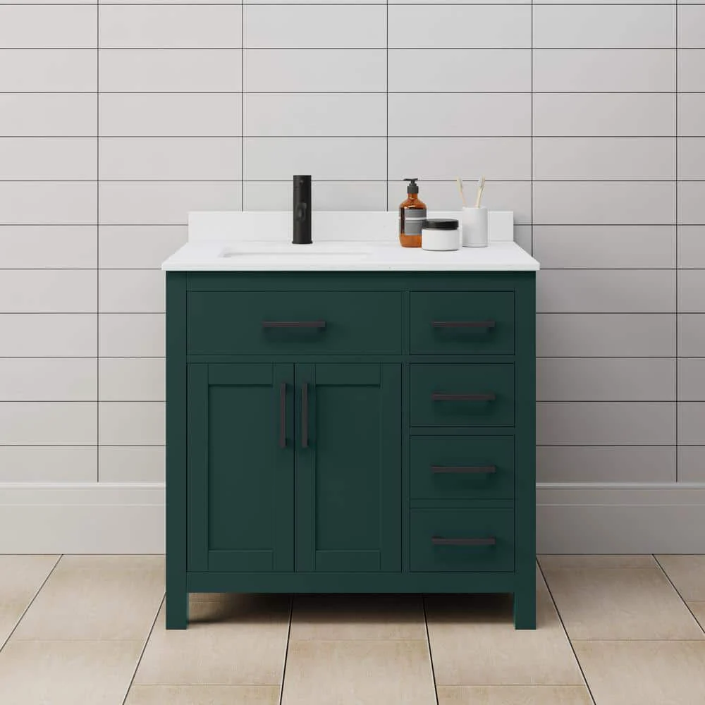 Wyndham Collection Beckett 36" Green Bathroom Vanity with White Cultured Marble Top