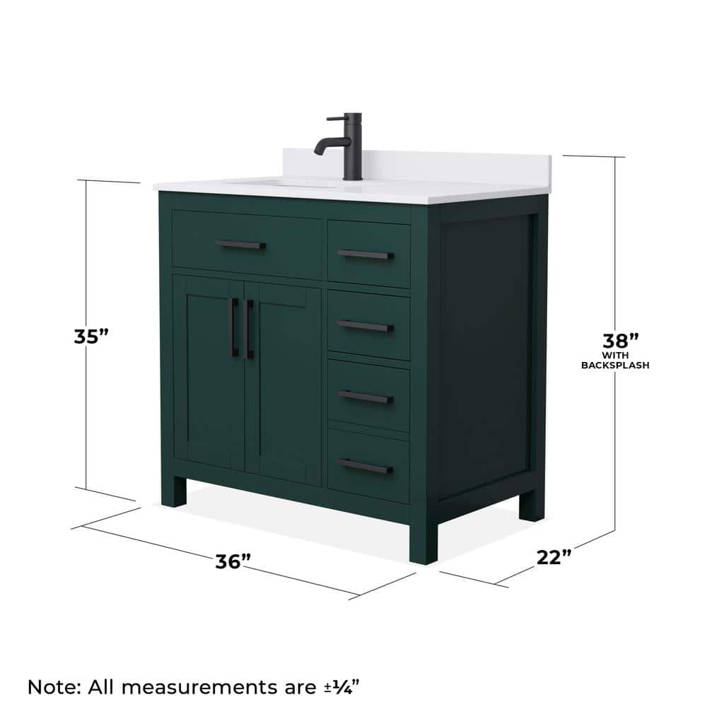 Wyndham Collection Beckett 36" Green Bathroom Vanity with White Cultured Marble Top - Image 5