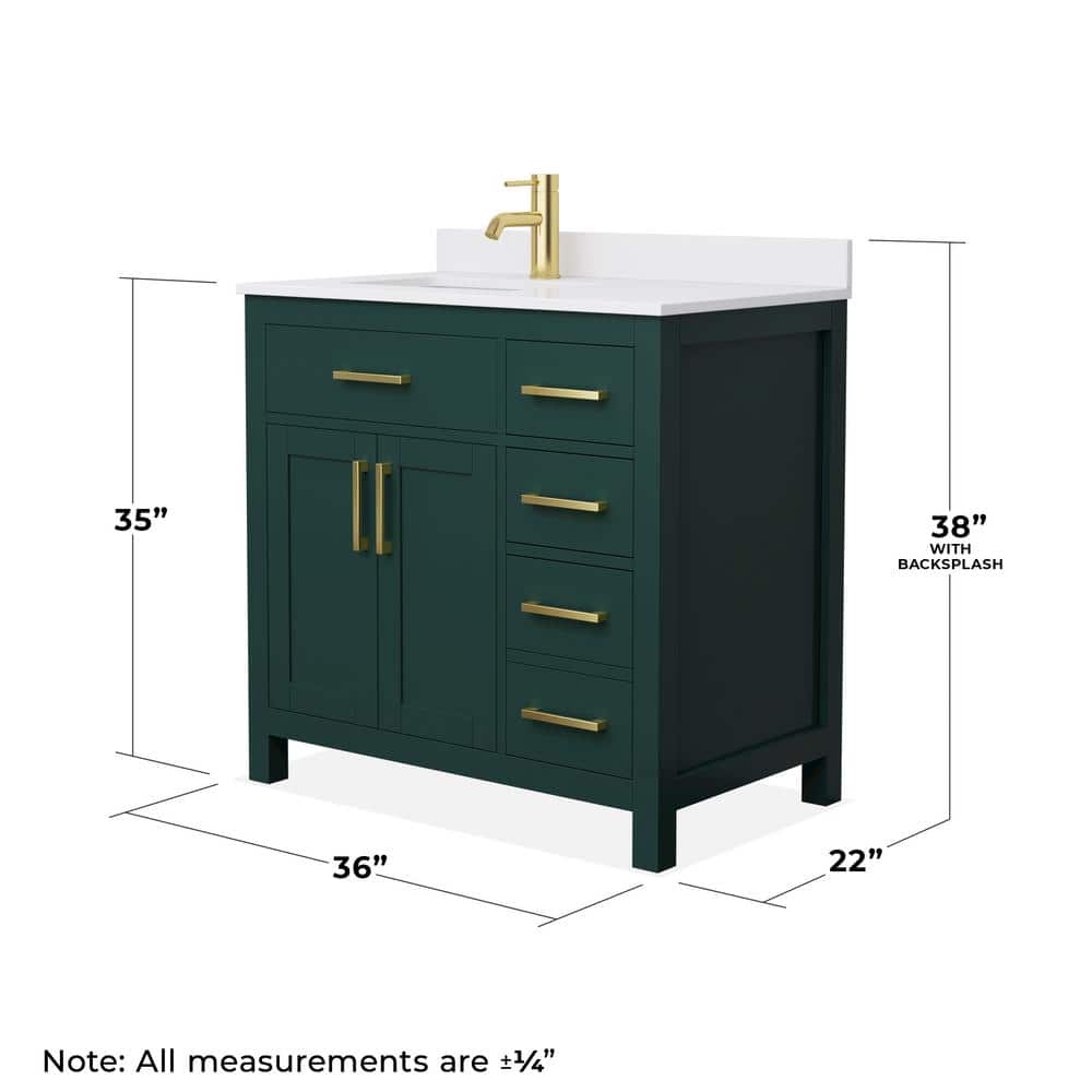 Wyndham Collection Beckett 36" Green Bathroom Vanity with White Cultured Marble Top - Image 6
