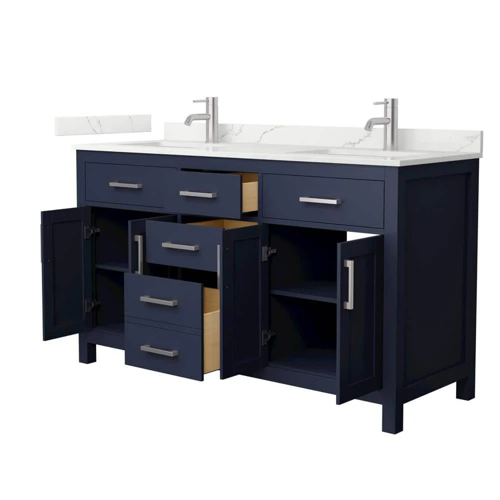Wyndham Collection Beckett 60 in. Double Freestanding Dark Blue Bath Vanity with Giotto Quartz Top - Image 2
