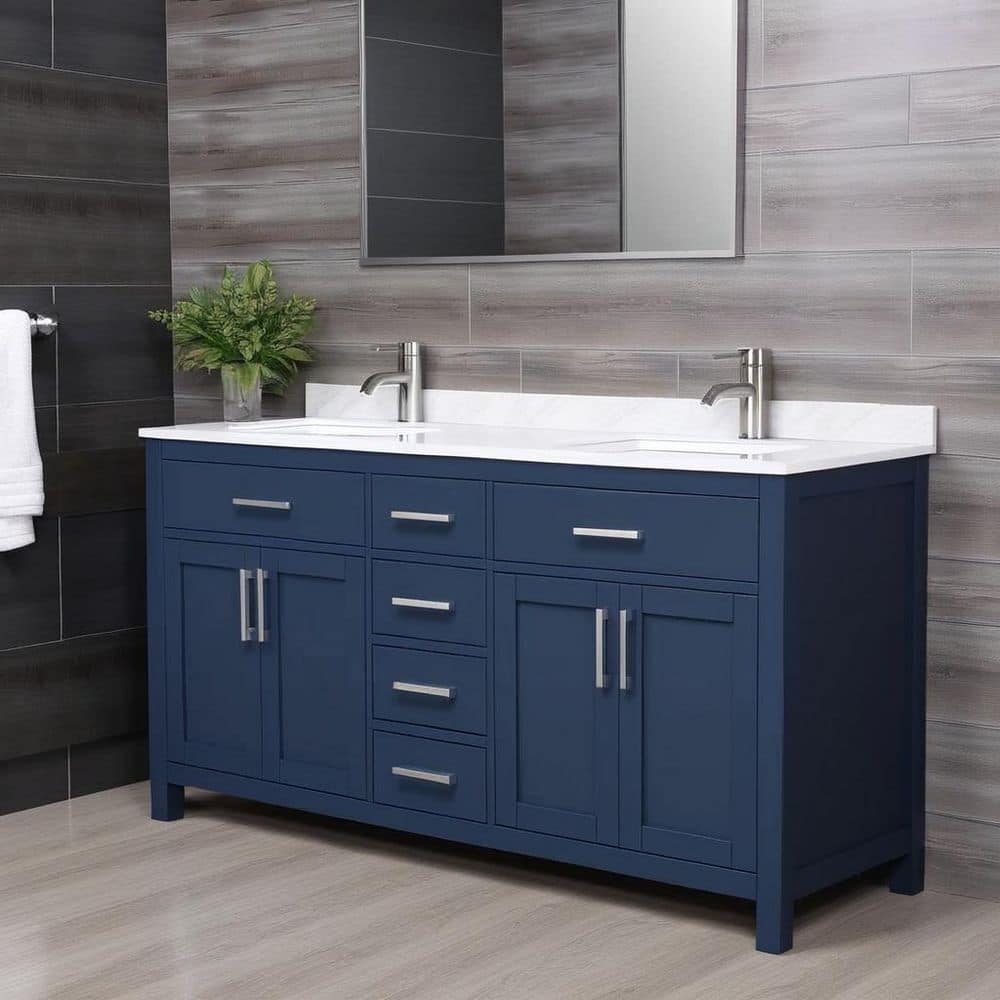 Wyndham Collection Beckett 66" Double Sink Bathroom Vanity in Dark Blue with Cultured Marble Top - Image 2