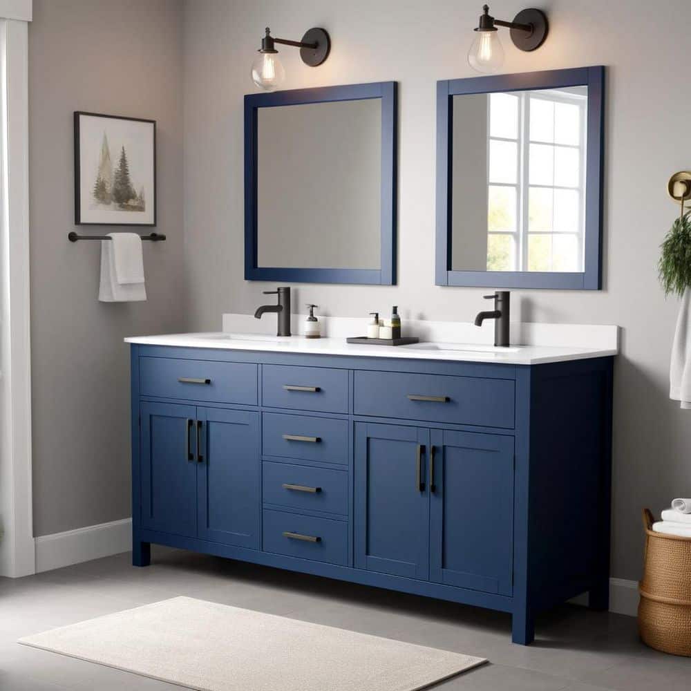 Wyndham Collection Beckett 72" Double Sink Bathroom Vanity in Dark Blue with Cultured Marble Top - Image 2