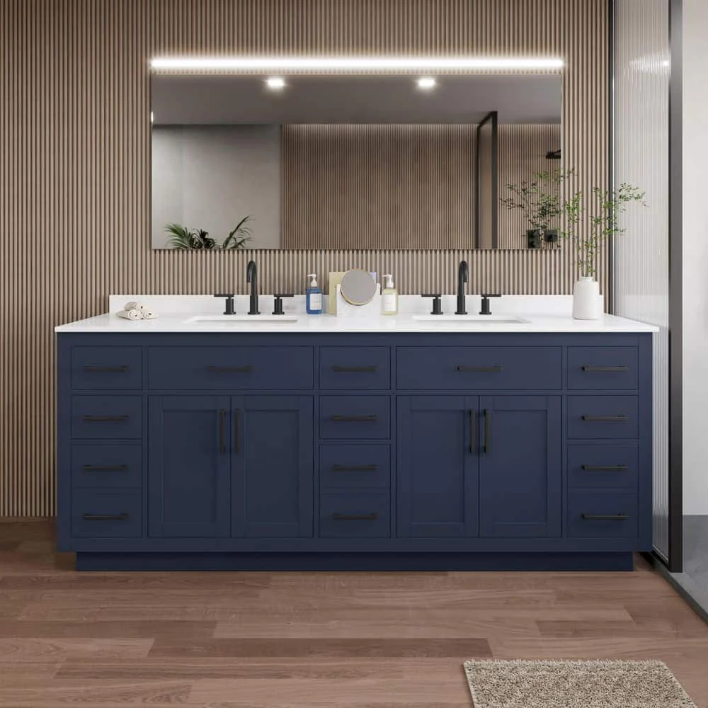 Wyndham Collection Beckett 84" Double Sink Bathroom Vanity in Dark Blue with White Quartz Top