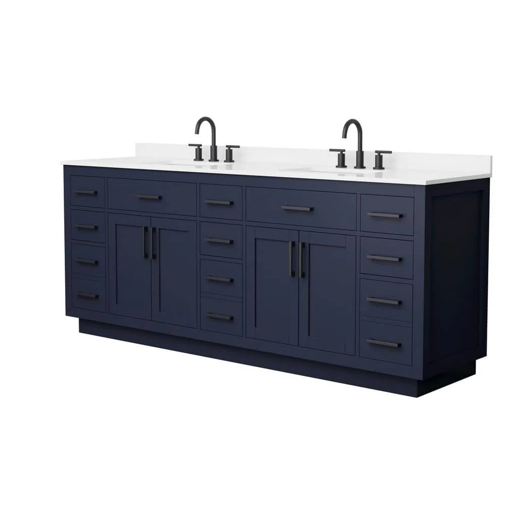 Wyndham Collection Beckett 84" Double Sink Bathroom Vanity in Dark Blue with White Quartz Top - Image 2