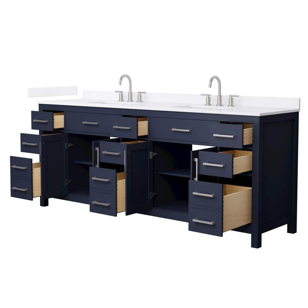 Wyndham Collection Beckett 84 in. Double Freestanding Dark Blue Bath Vanity with White Quartz Top - Image 2