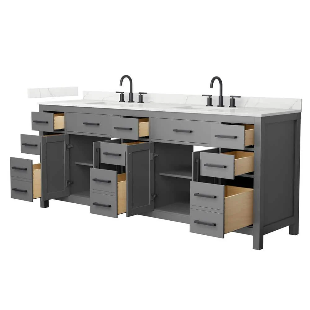 Wyndham Collection Beckett 84 in. Double Freestanding Dark Gray Bath Vanity with Giotto Quartz Top - Image 2