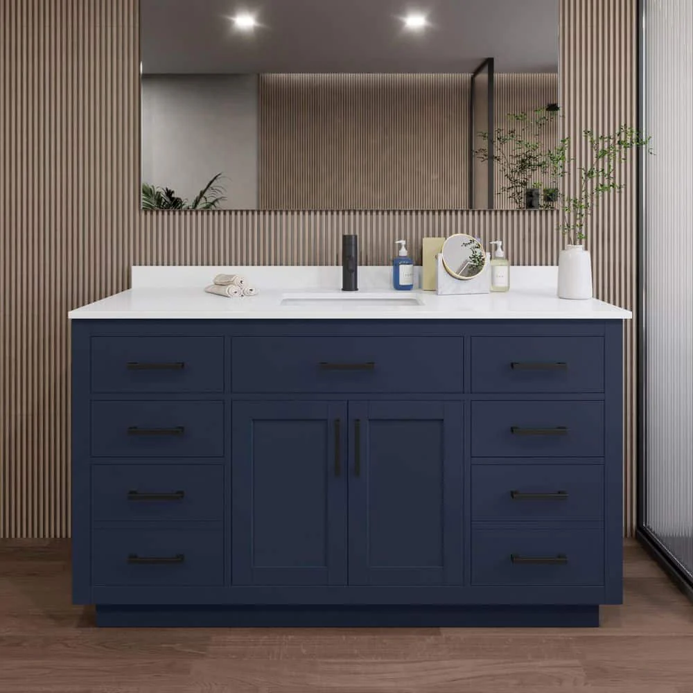 Wyndham Collection Beckett TK 60" Single Bath Vanity in Dark Blue with White Quartz Top