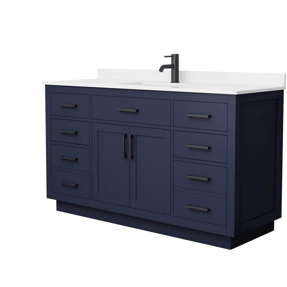 Wyndham Collection Beckett TK 60" Single Bath Vanity in Dark Blue with White Quartz Top - Image 2