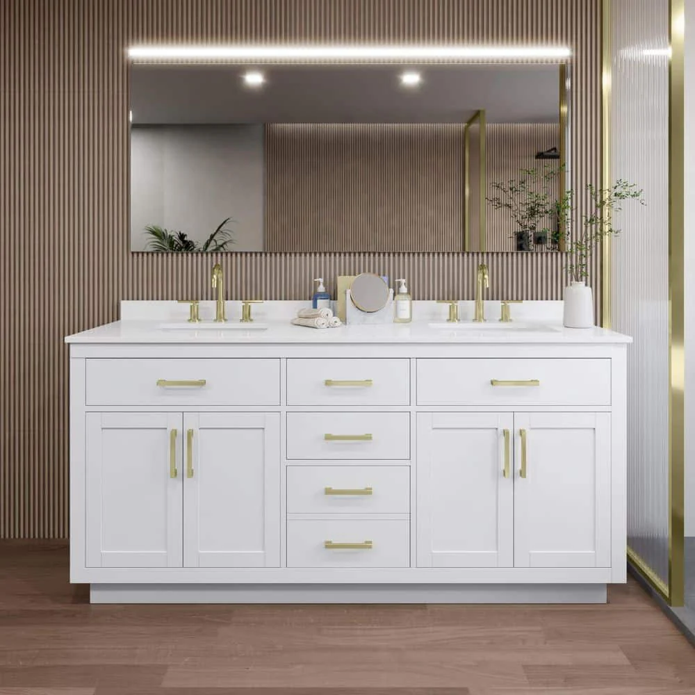 Wyndham Collection Beckett TK 72" Double Sink Bathroom Vanity with White Quartz Top and Brushed Gold Trim