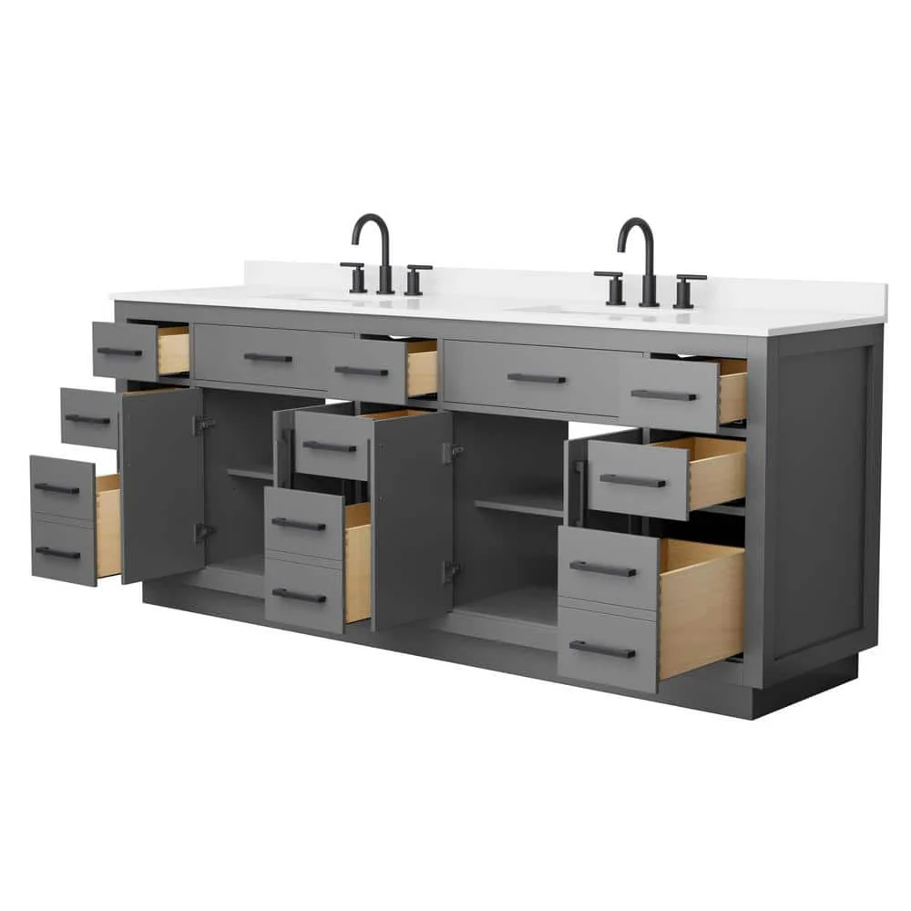 Wyndham Collection Beckett TK 84" Double Sink Bath Vanity in Dark Gray with Matte Black Trim and White Quartz Top - Image 2