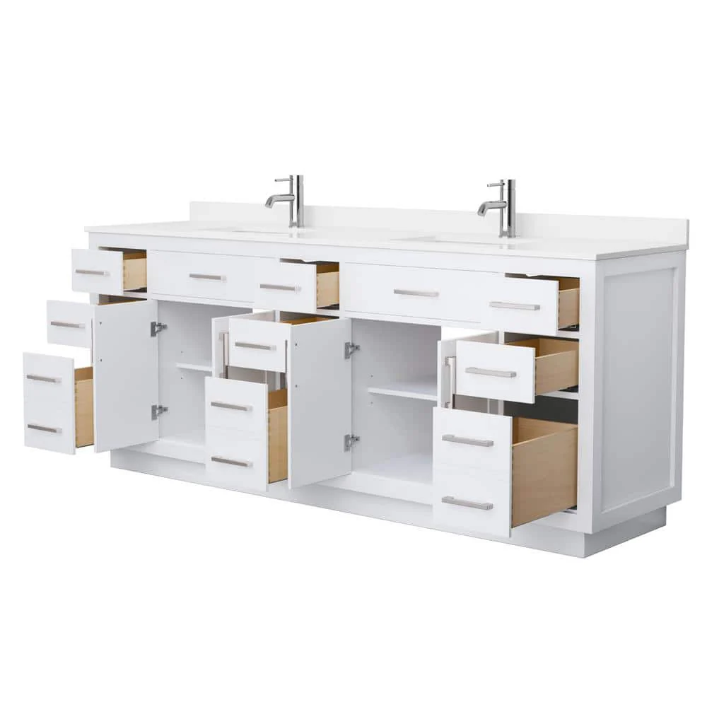 Wyndham Collection Beckett TK 84" Double Sink Bath Vanity with White Quartz Top and Brushed Nickel Trim - Image 2