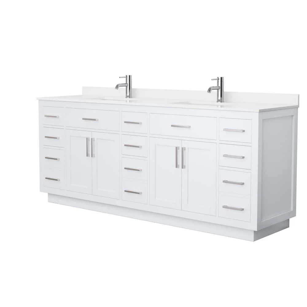 Wyndham Collection Beckett TK 84" Double Sink Bath Vanity with White Quartz Top and Brushed Nickel Trim - Image 3