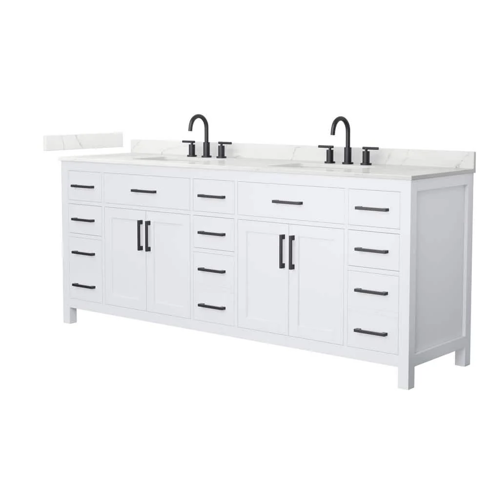 Wyndham Collection Beckett 84 in. Double Freestanding White Bath Vanity with White Quartz Top