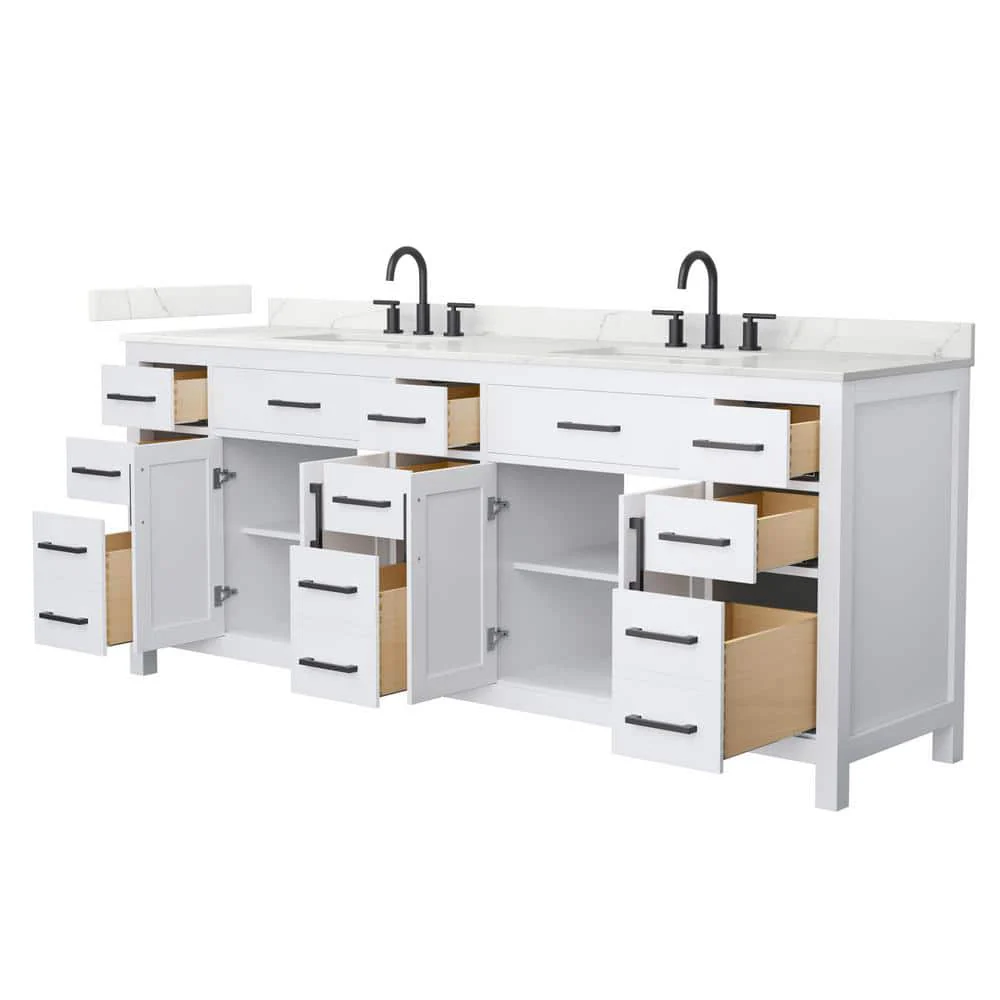 Wyndham Collection Beckett 84 in. Double Freestanding White Bath Vanity with White Quartz Top - Image 2