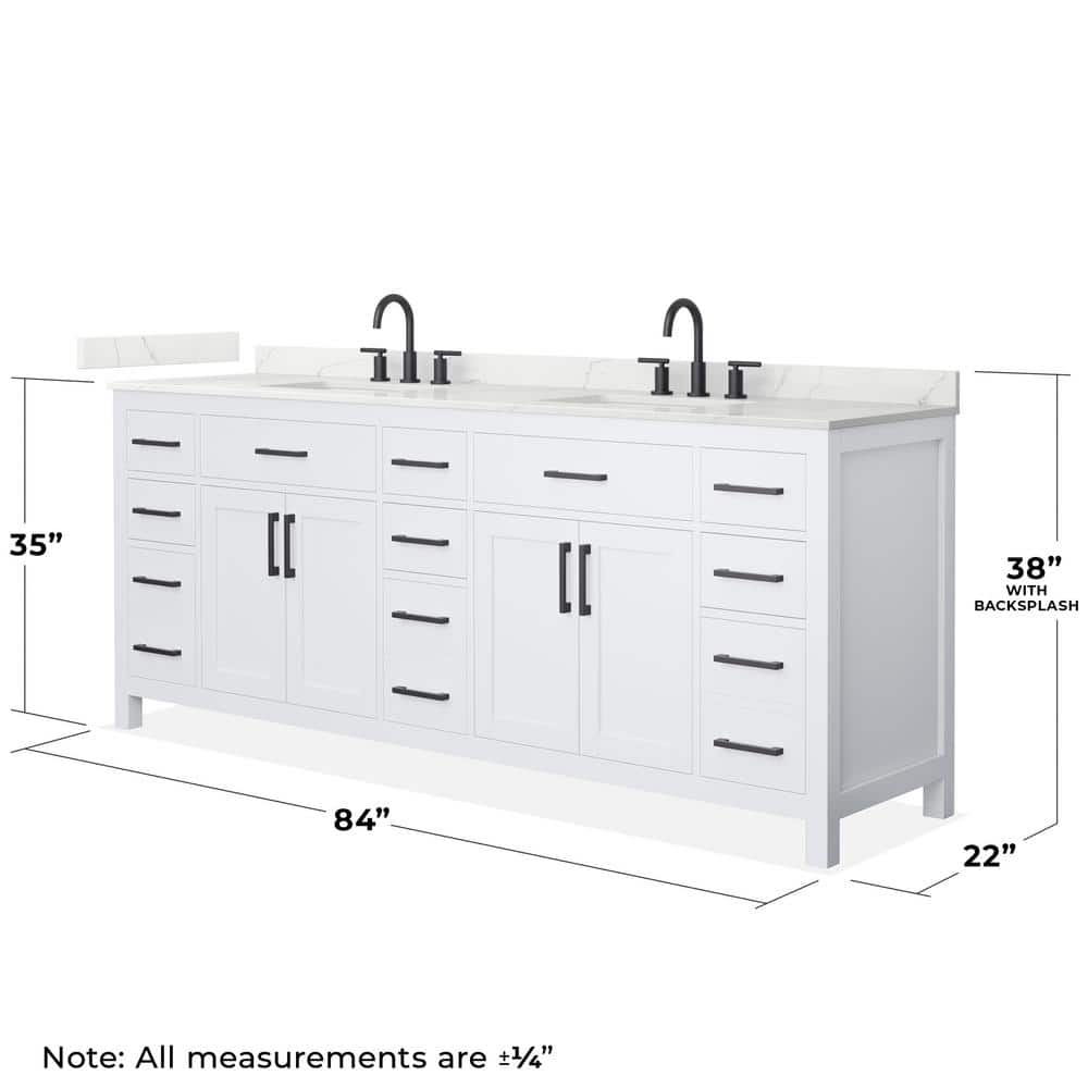 Wyndham Collection Beckett 84 in. Double Freestanding White Bath Vanity with White Quartz Top - Image 3