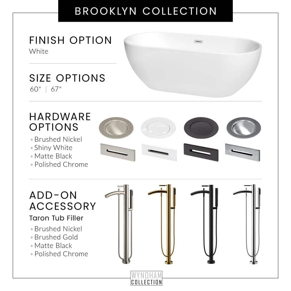 Wyndham Collection Brooklyn 60 in. Acrylic Freestanding Bathtub in White with Shiny Trim - Image 7