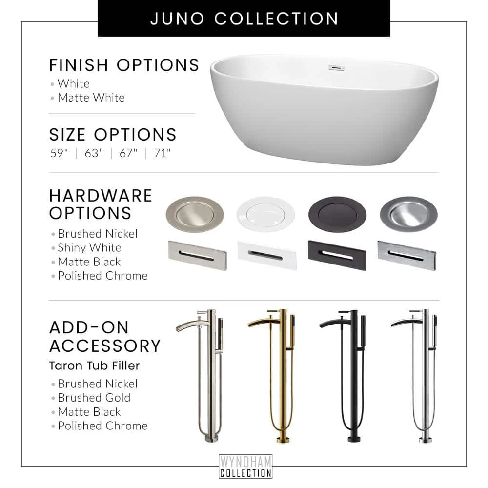 Wyndham Collection Juno 59 in. Acrylic Freestanding Bathtub, Matte White with Chrome Trim - Image 7