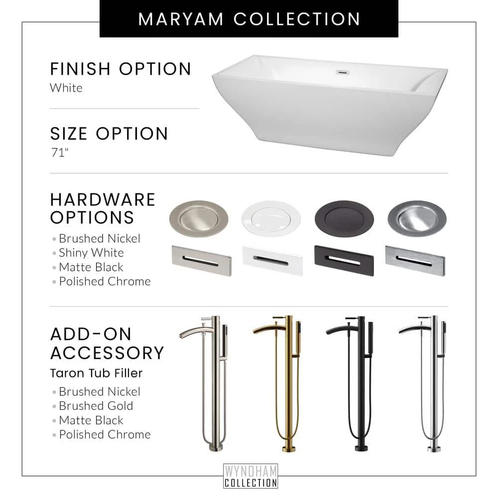 Wyndham Collection Maryam 70.75 in. Acrylic Freestanding Soaking Tub in White with Chrome Trim - Image 6
