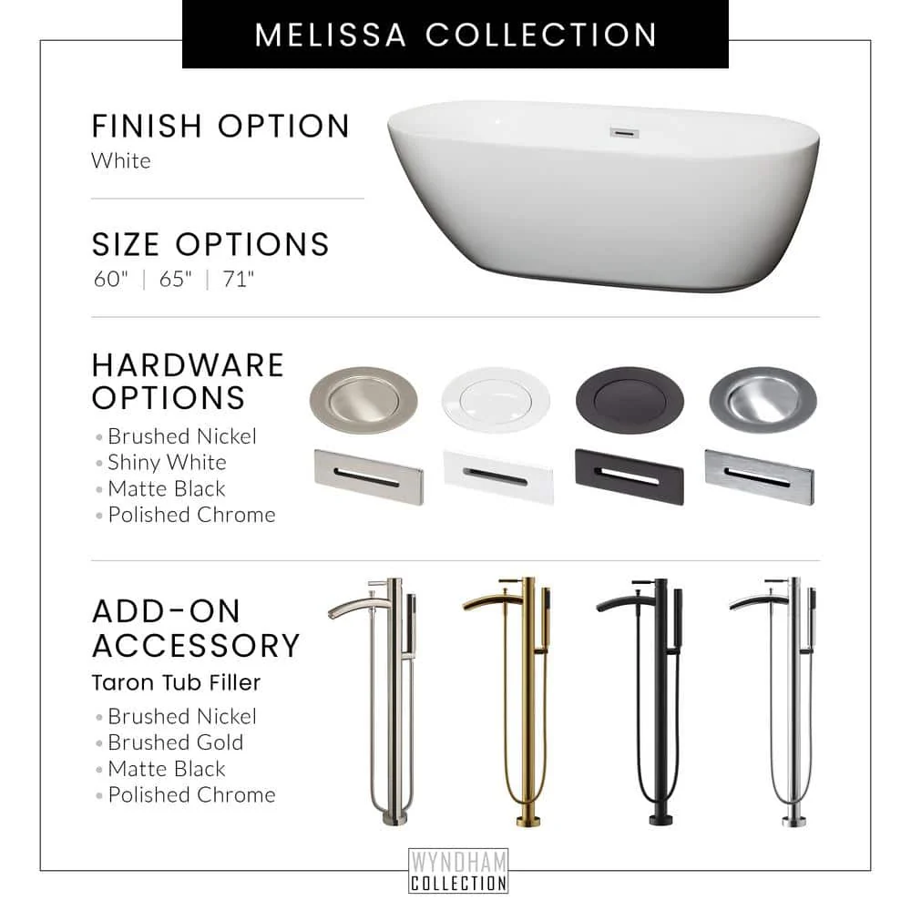 Wyndham Collection Melissa 65 in. Acrylic Freestanding Soaking Tub - White with Chrome Trim - Image 9