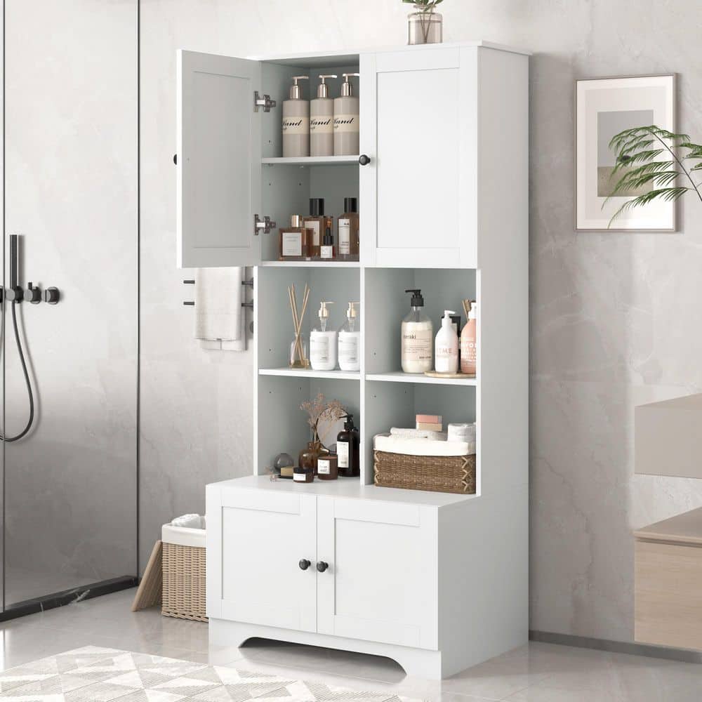 Wyndham Collection Modern White Linen Cabinet with Doors and Shelves, 31x16x67 Inches