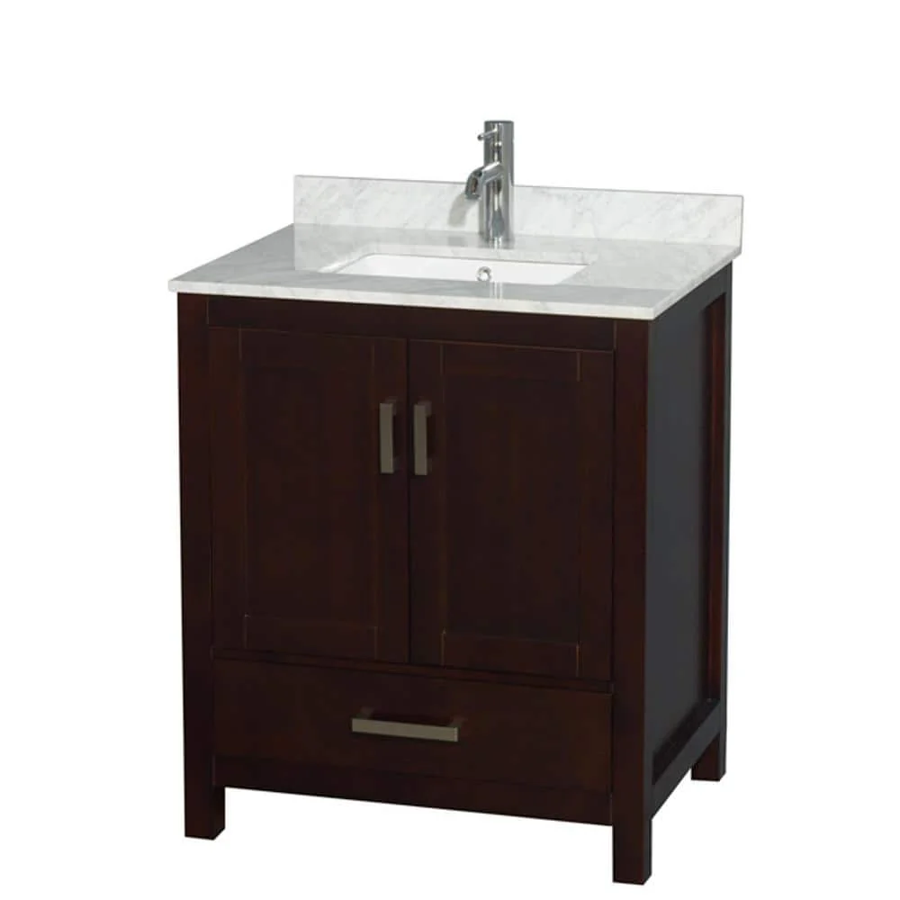 Wyndham Collection Sheffield 30" Bathroom Vanity in Espresso with Carrara Marble Top