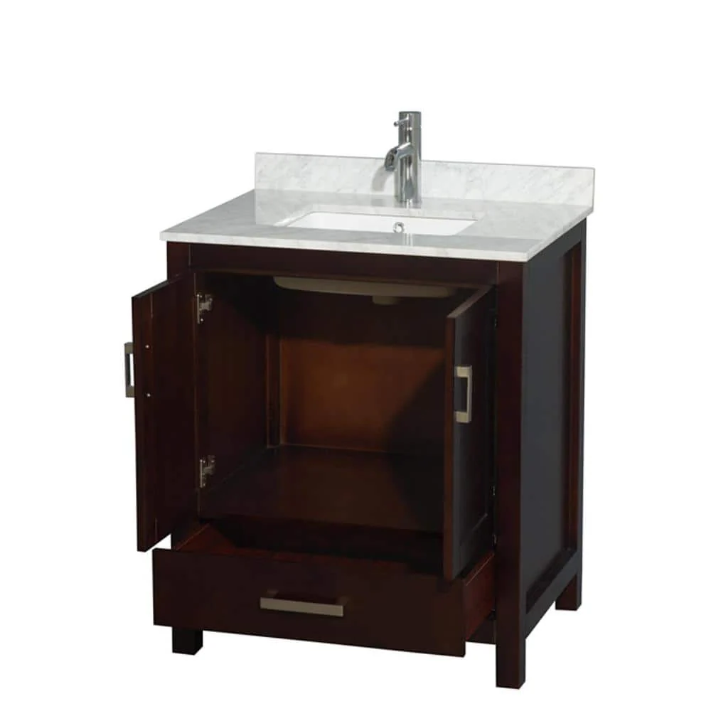 Wyndham Collection Sheffield 30" Bathroom Vanity in Espresso with Carrara Marble Top - Image 8