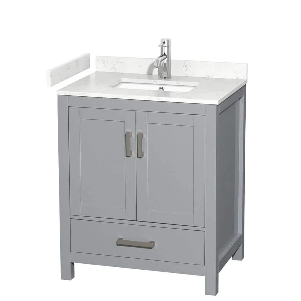 Wyndham Collection Sheffield 30" Gray Bathroom Vanity with Carrara Marble Top