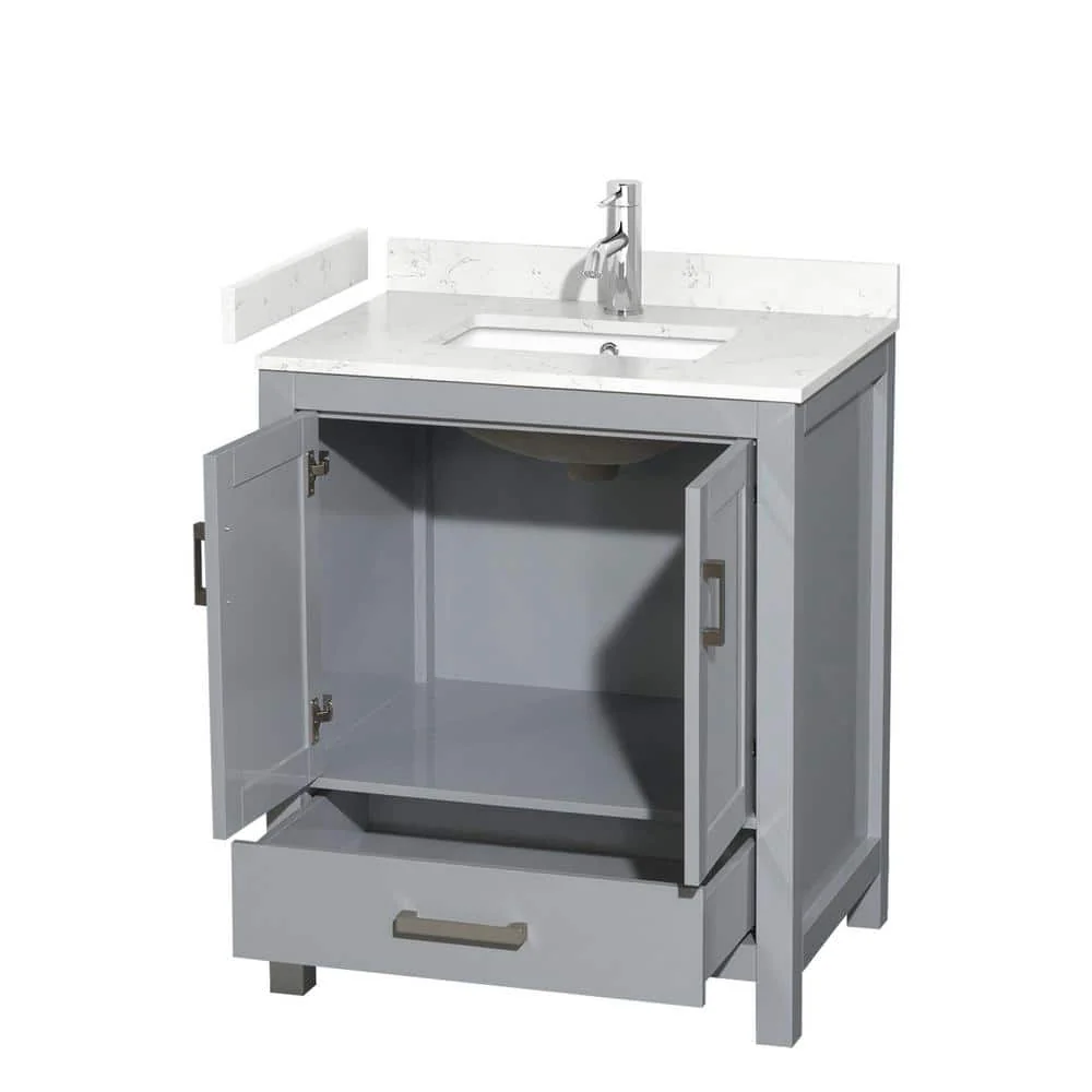 Wyndham Collection Sheffield 30" Gray Bathroom Vanity with Carrara Marble Top - Image 2
