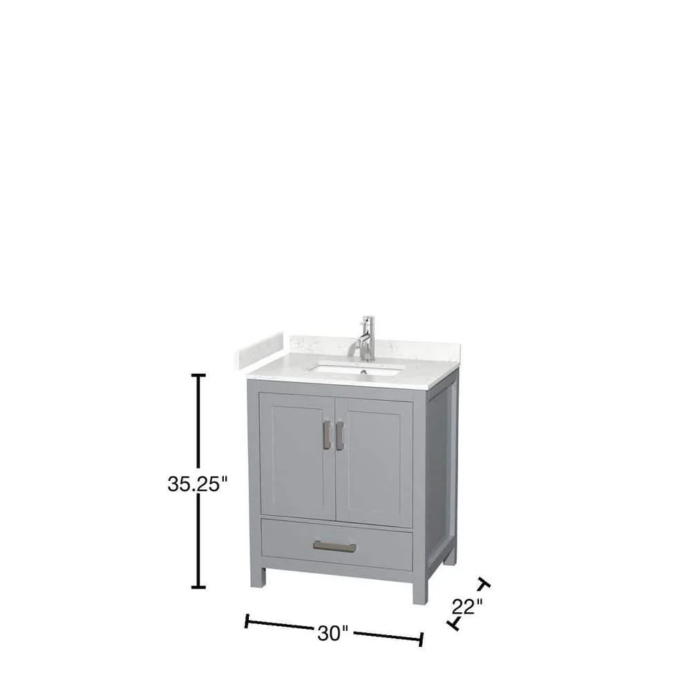Wyndham Collection Sheffield 30" Gray Bathroom Vanity with Carrara Marble Top - Image 3