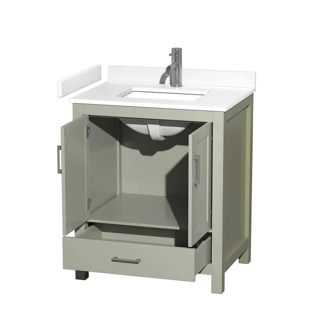 Wyndham Collection Sheffield 30" Light Green Bathroom Vanity with Marble Top - Image 2