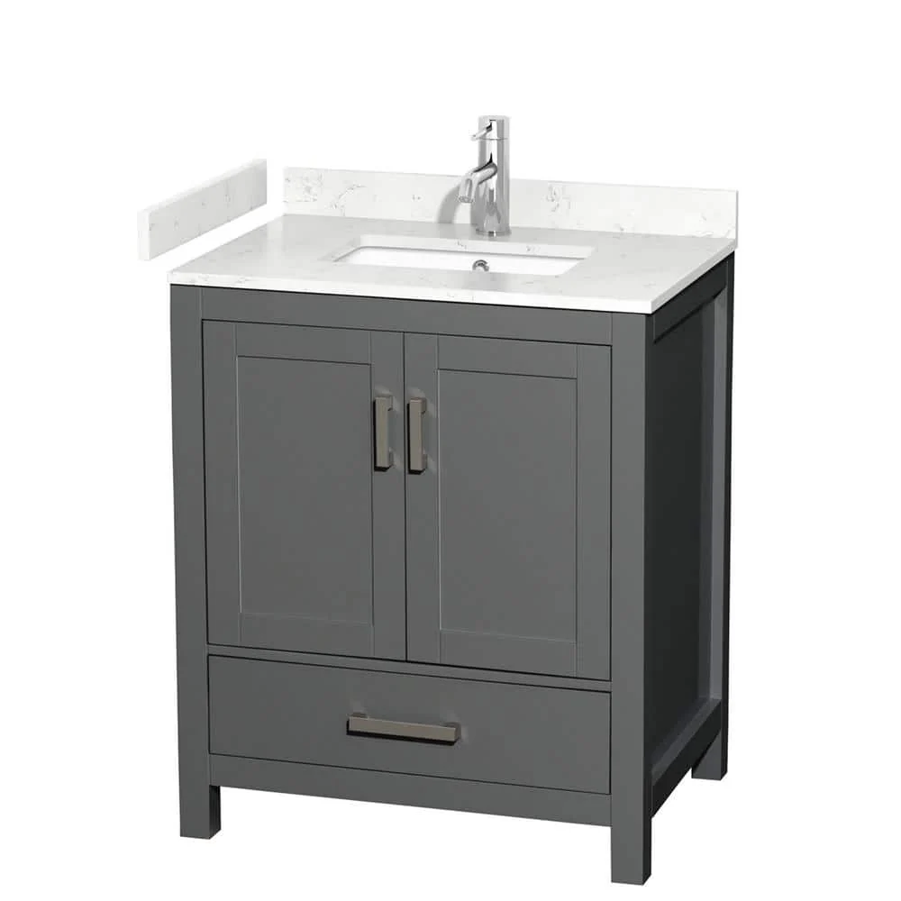 Wyndham Collection Sheffield 30" Single Bath Vanity in Dark Gray with Carrara Marble Top