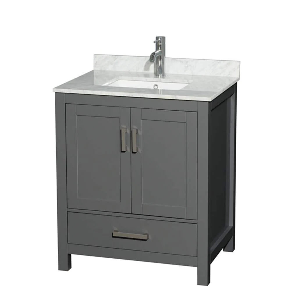 Wyndham Collection Sheffield 30" Single Bath Vanity in Dark Gray with White Carrara Marble Top