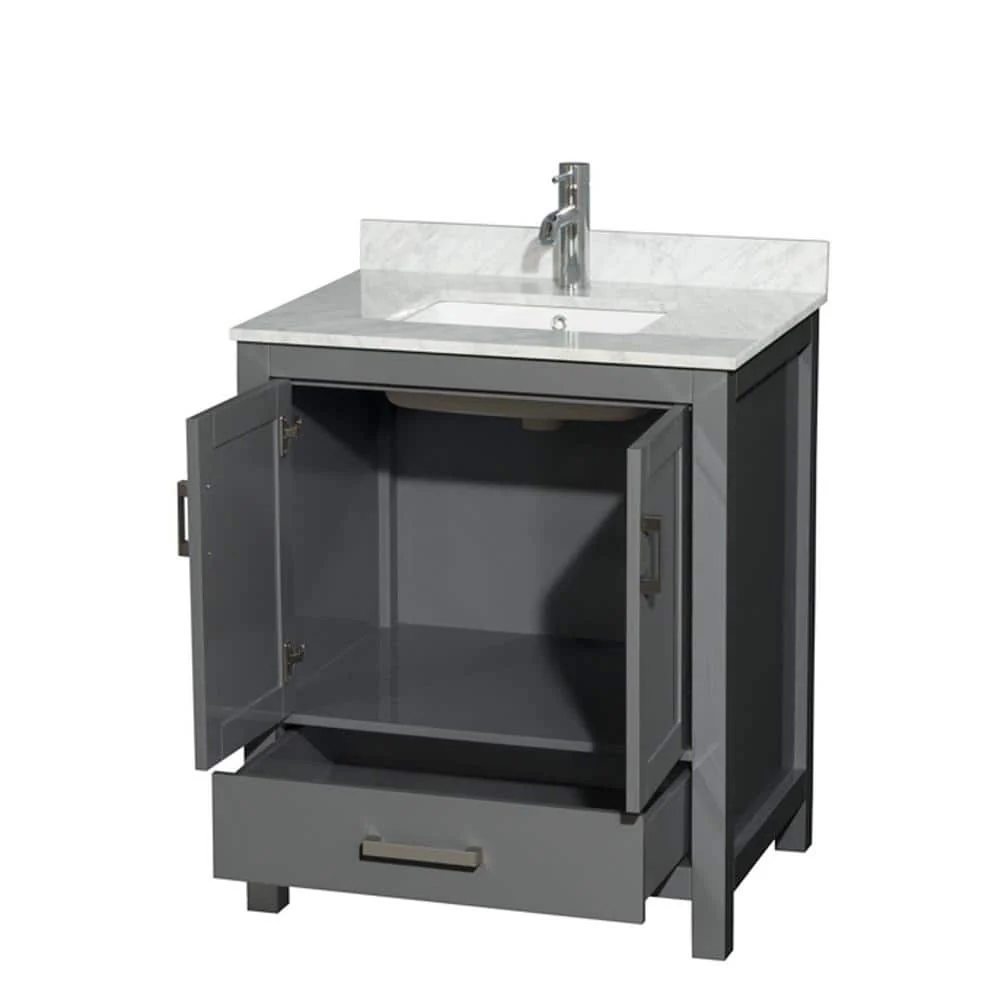 Wyndham Collection Sheffield 30" Single Bath Vanity in Dark Gray with White Carrara Marble Top - Image 2