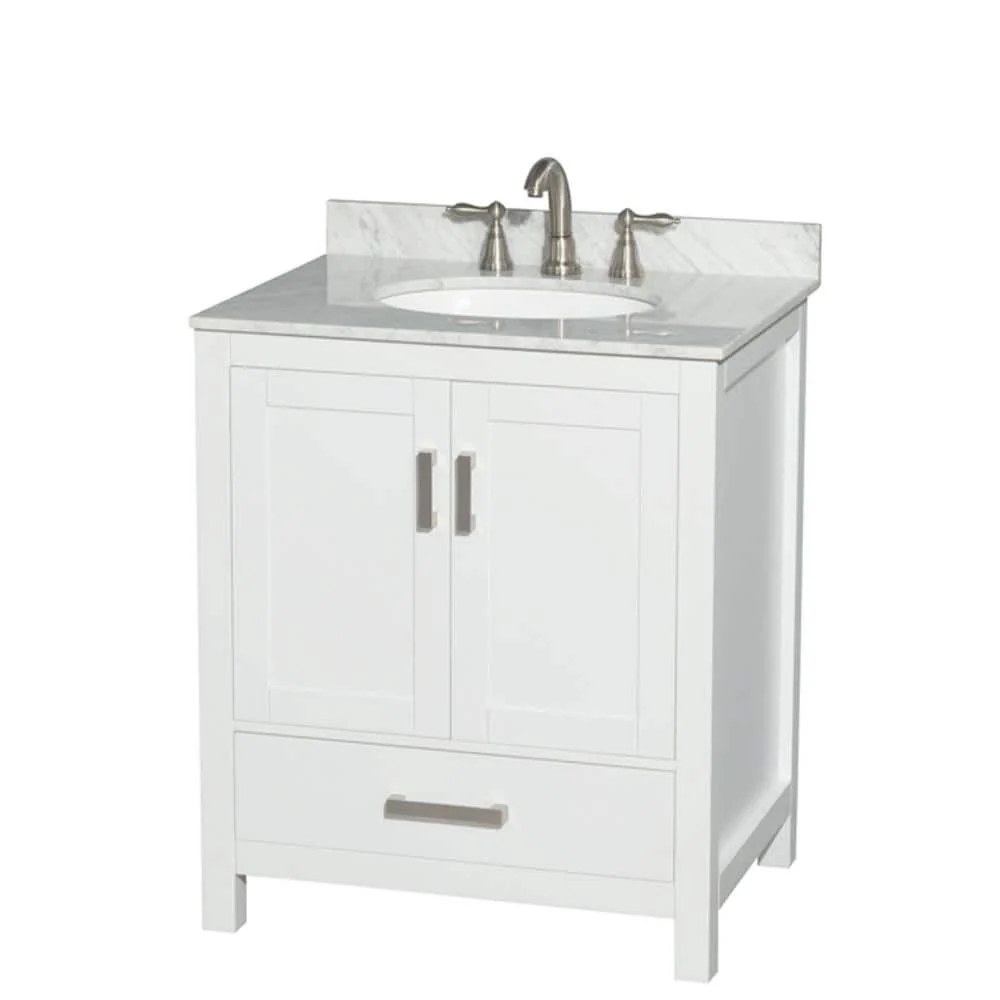 Wyndham Collection Sheffield 30" White Bathroom Vanity with Carrara Marble Top